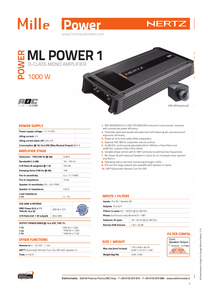 Página 1 del manual Ficha técnica Hertz ML Power 1