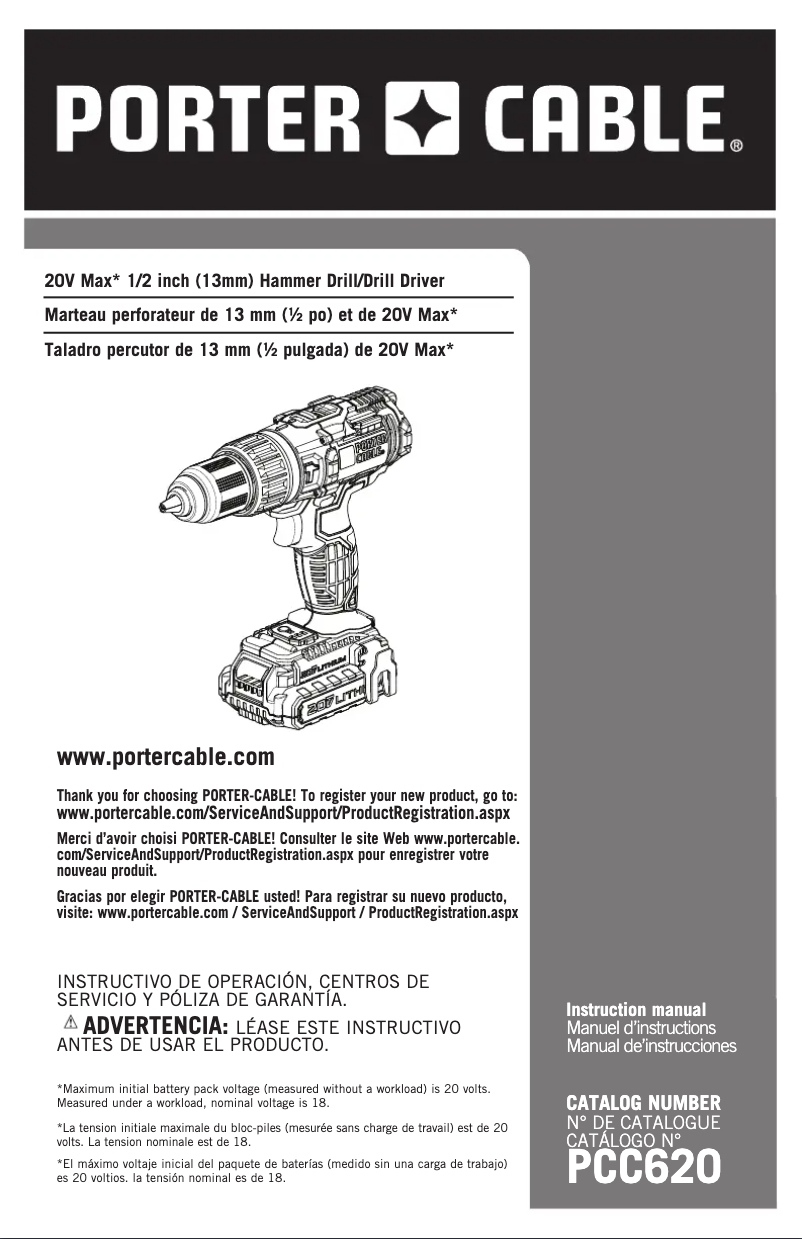 Page 1 de la notice Manuel utilisateur Porter-Cable PCC620LB