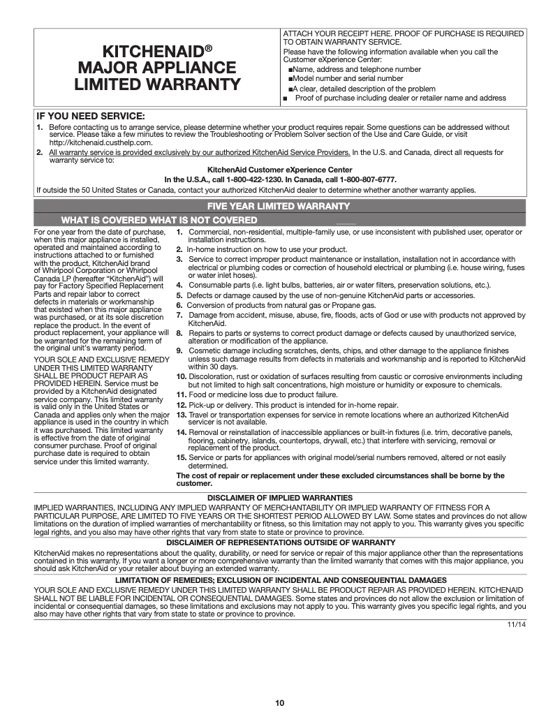 Page 1 de la notice Informations de garantie KitchenAid KMLS311HBS