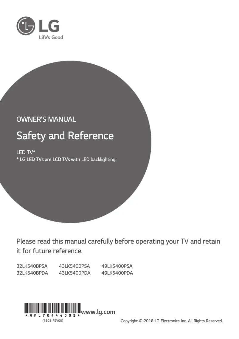 Page 1 de la notice Manuel utilisateur LG 43LK5400PSA