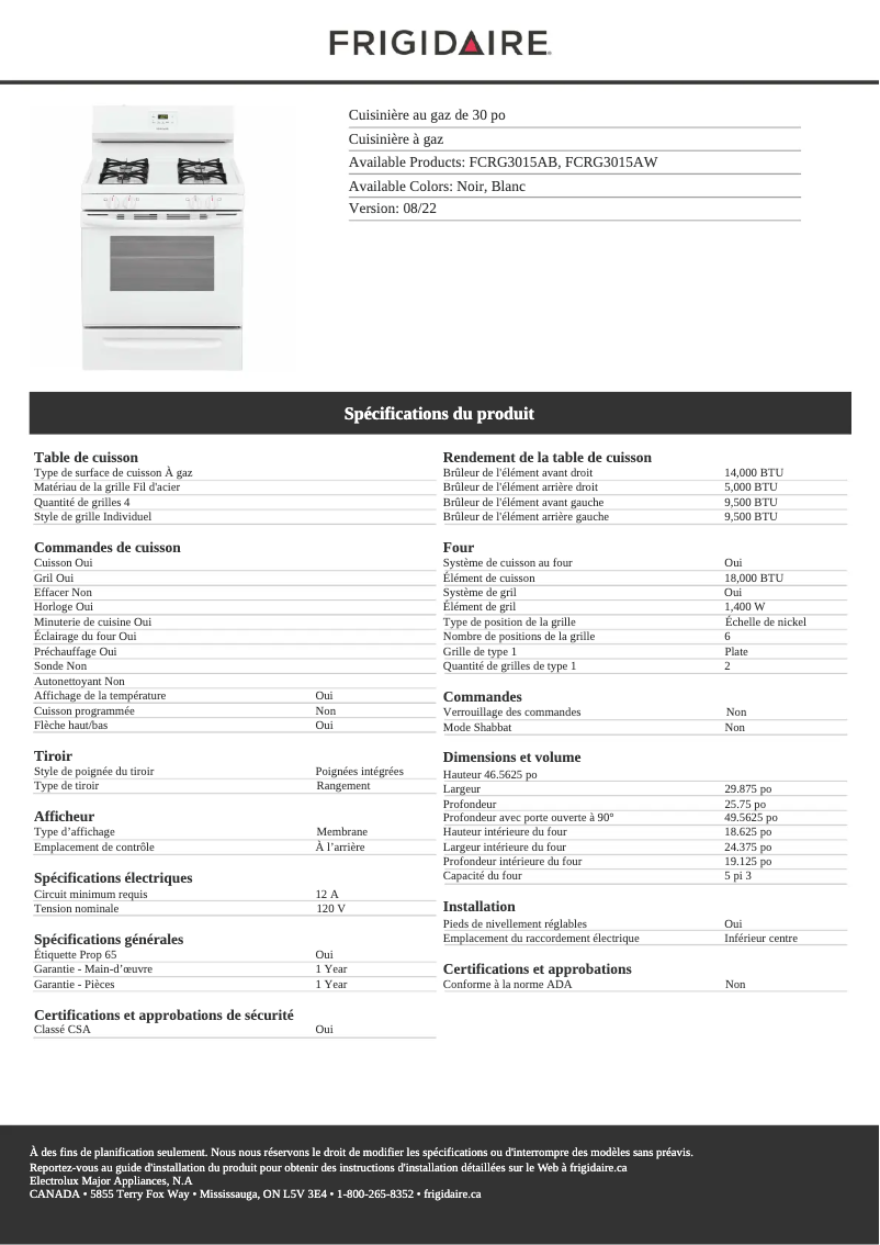 Page 1 de la notice Fiche technique Frigidaire FCRG3015AB