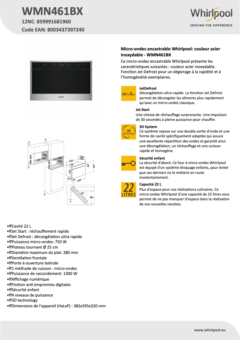 Página 1 del manual Ficha técnica Whirlpool WMN461BX