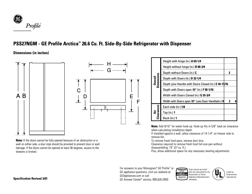 Page n°1 - Fiche technique GE Profile Arctica PSS27NGMBB