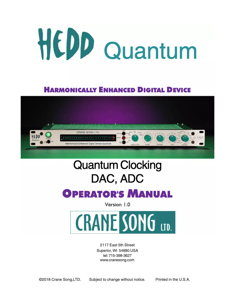 Página 1 del manual Manual de usuario Crane Song HEDD Quantum