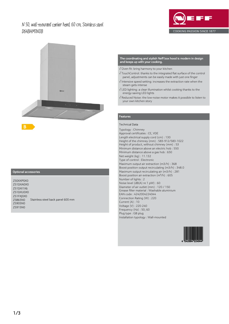 Page 1 de la notice Fiche technique Neff D64BHM1N0B