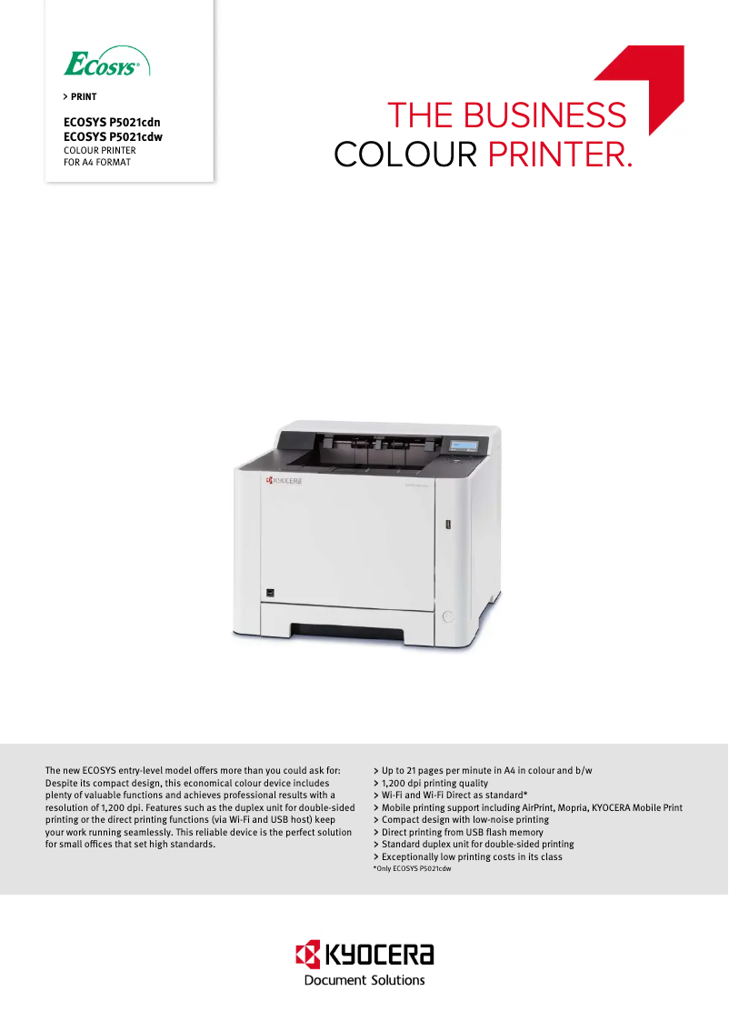 Page 1 de la notice Fiche technique Kyocera ECOSYS P5021cdn