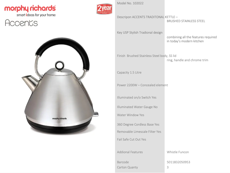 Page 1 de la notice Fiche technique Morphy Richards Accents 102022