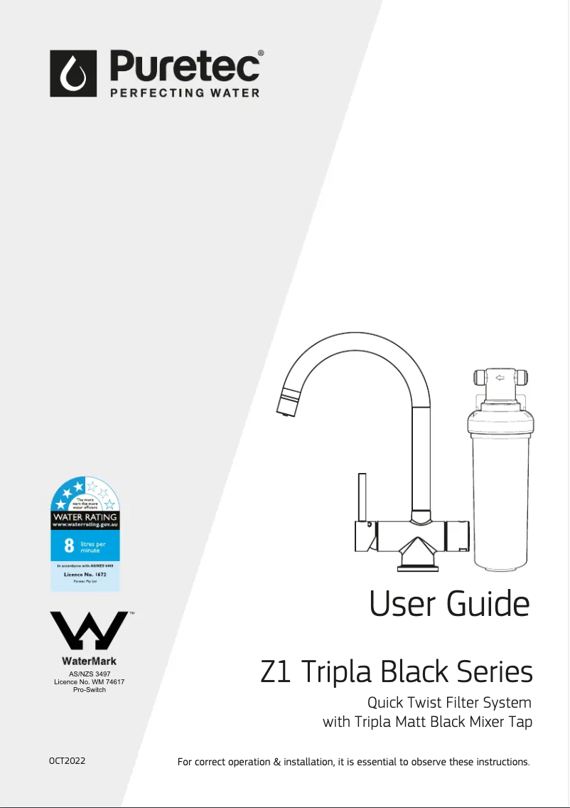 Page 1 de la notice Manuel utilisateur Puretec Z1-BL2