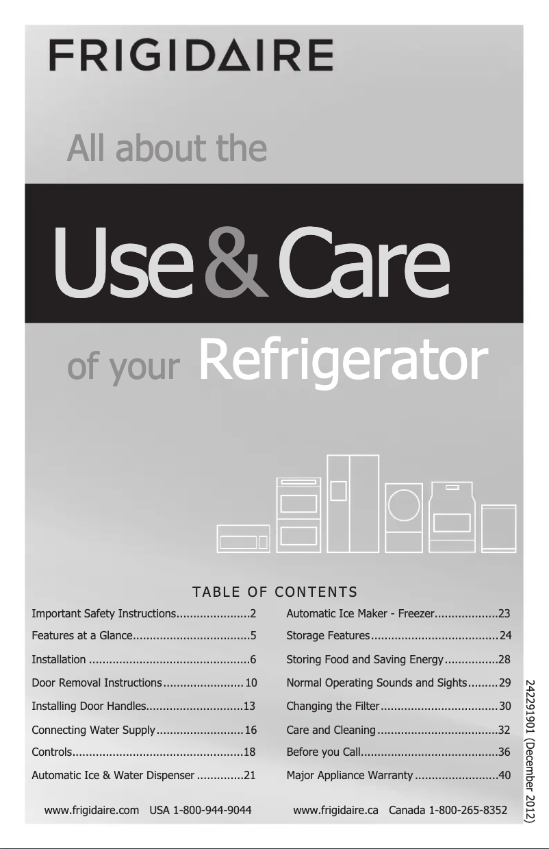 Page 1 de la notice Manuel d'utilisation et d'entretien Frigidaire FFHB2740P