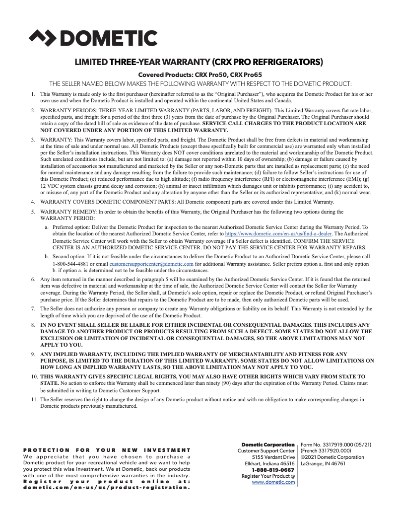 Page 1 de la notice Informations de garantie Dometic CRX Pro 50