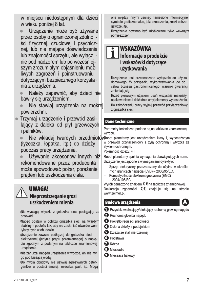Page 1 of the manual User Manual Zelmer ZFP1100C