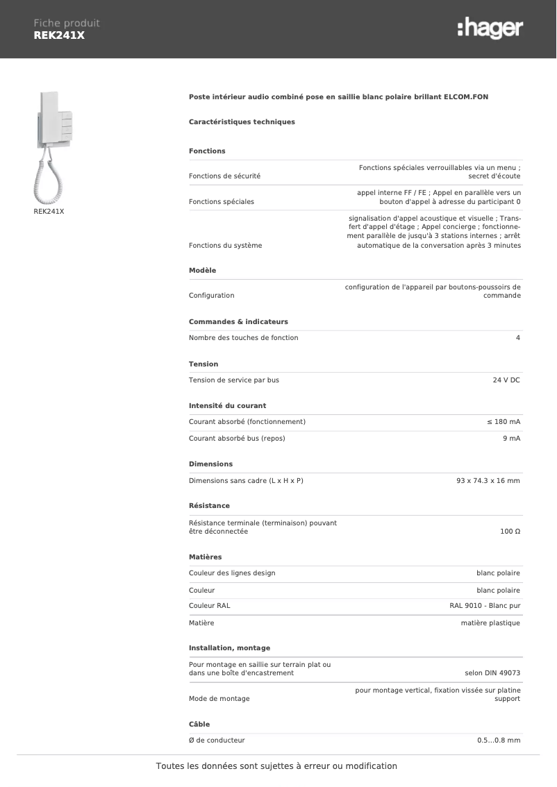 Page 1 de la notice Fiche technique Elcom REK241X