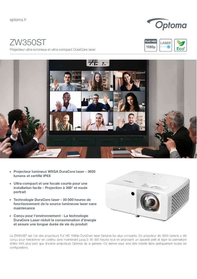 Page 1 de la notice Fiche technique Optoma ZW350ST