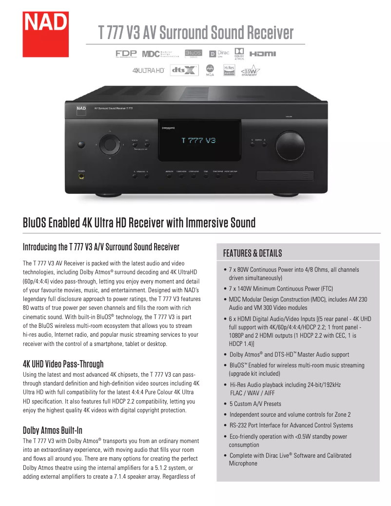 Page 1 de la notice Fiche technique NAD T 777
