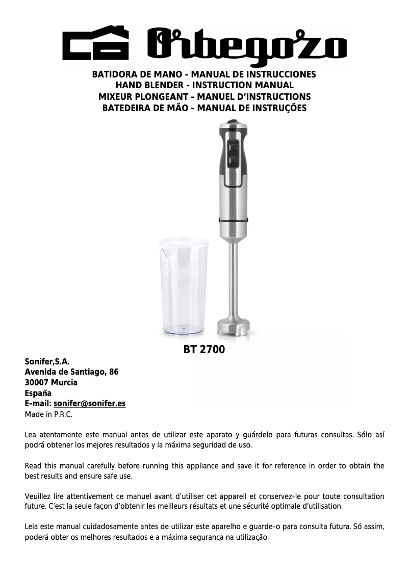 Page 1 de la notice Manuel utilisateur Orbegozo BT 2700