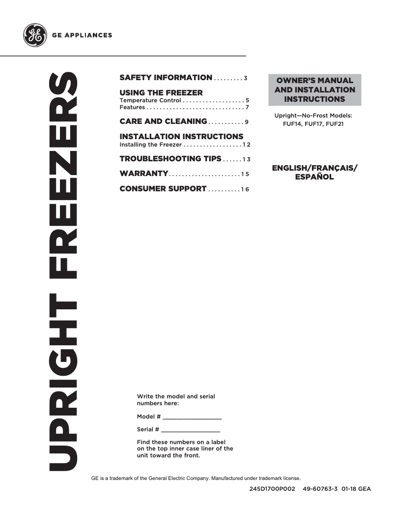 Página 1 del manual Manual de usuario GE FUF17SMRWW