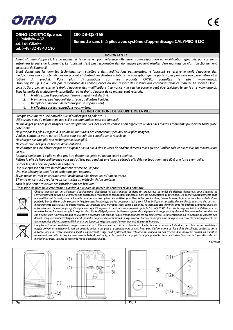 Page 1 de la notice Manuel utilisateur ORNO OR-DB-QS-158