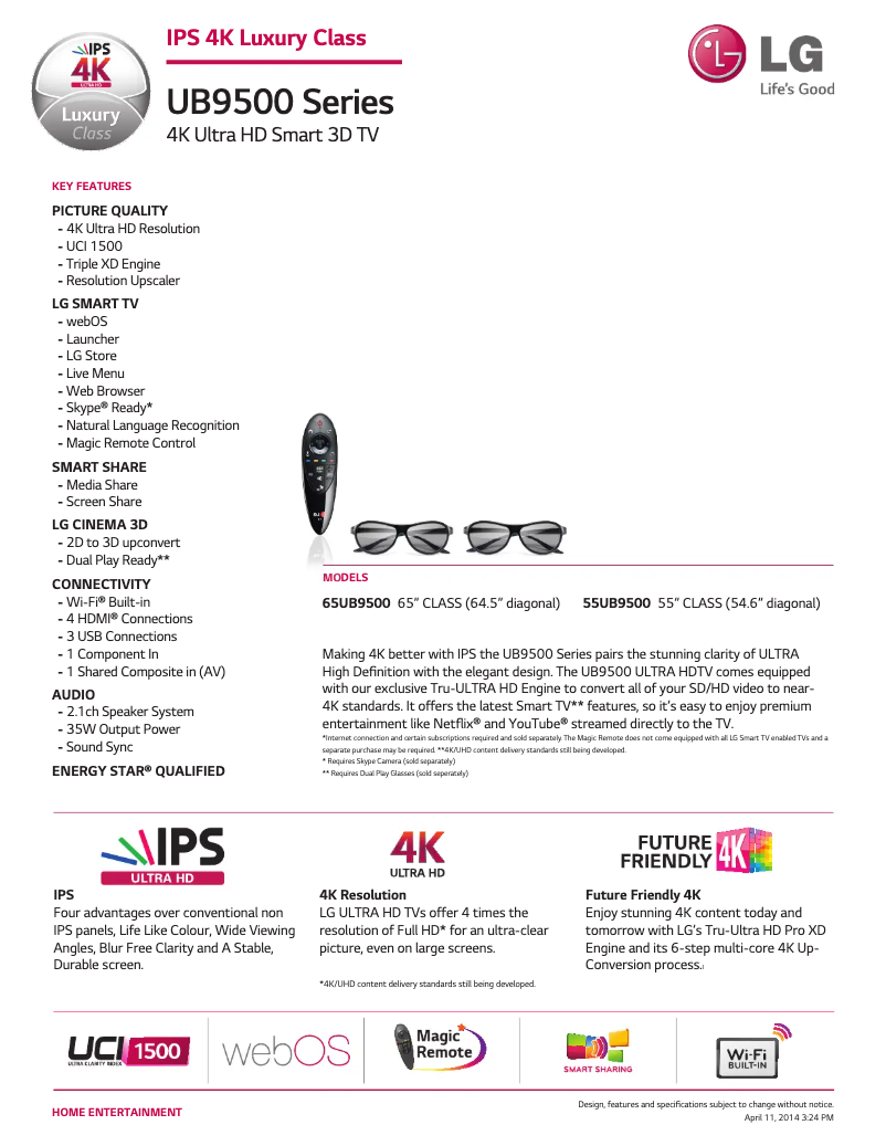 Page 1 de la notice Fiche technique LG 65UB9500