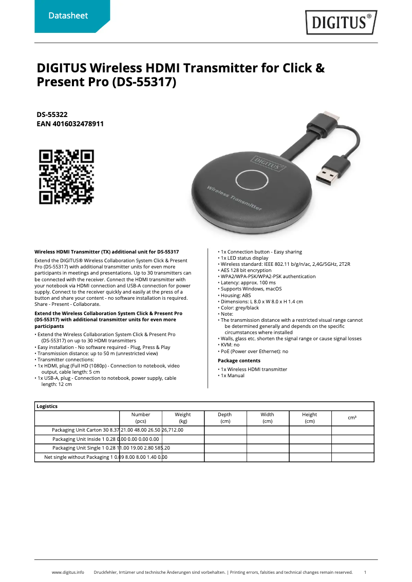 Page 1 de la notice Fiche technique Digitus DS-55322