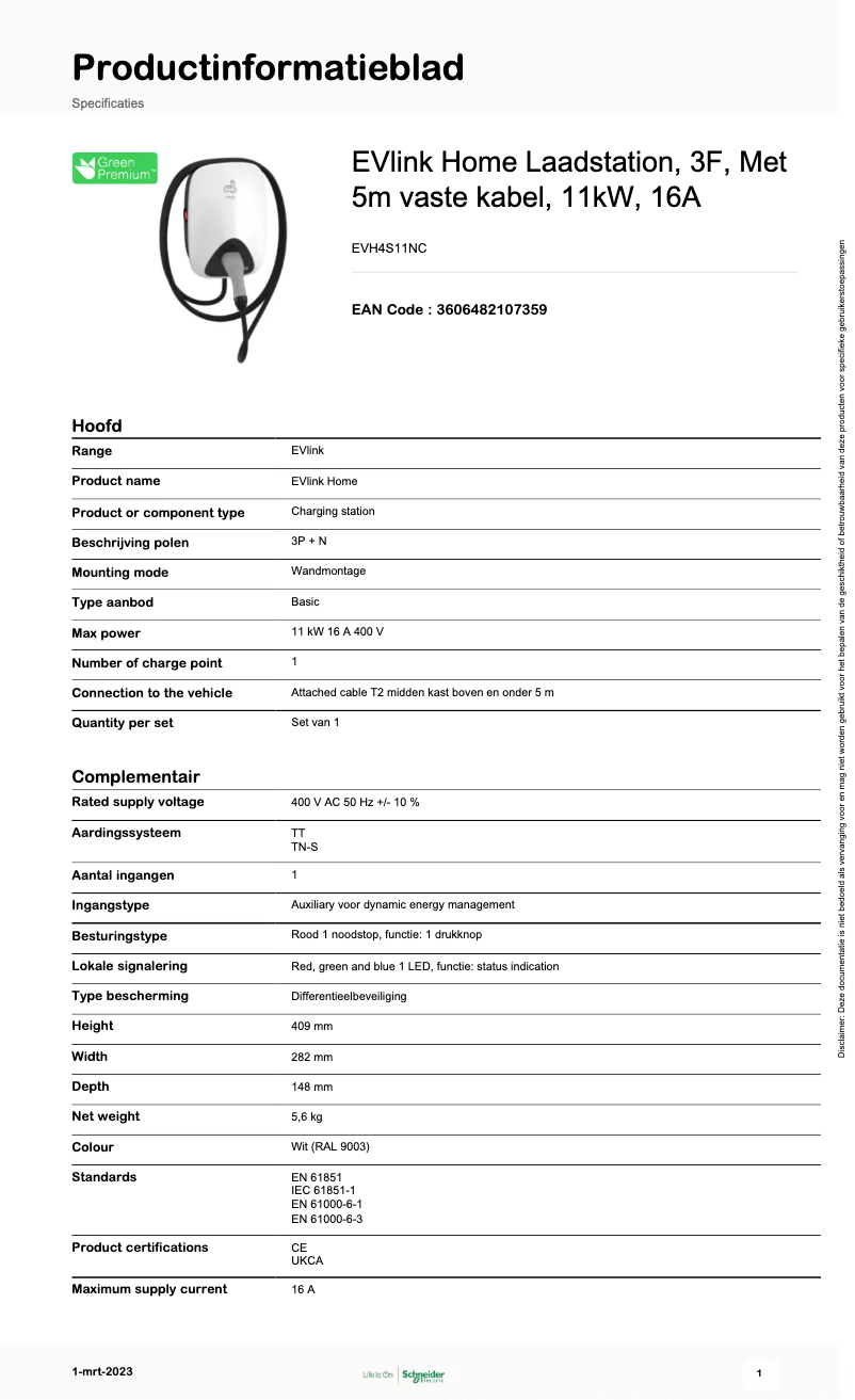 Página 1 del manual Ficha técnica Schneider EVH4S11NC