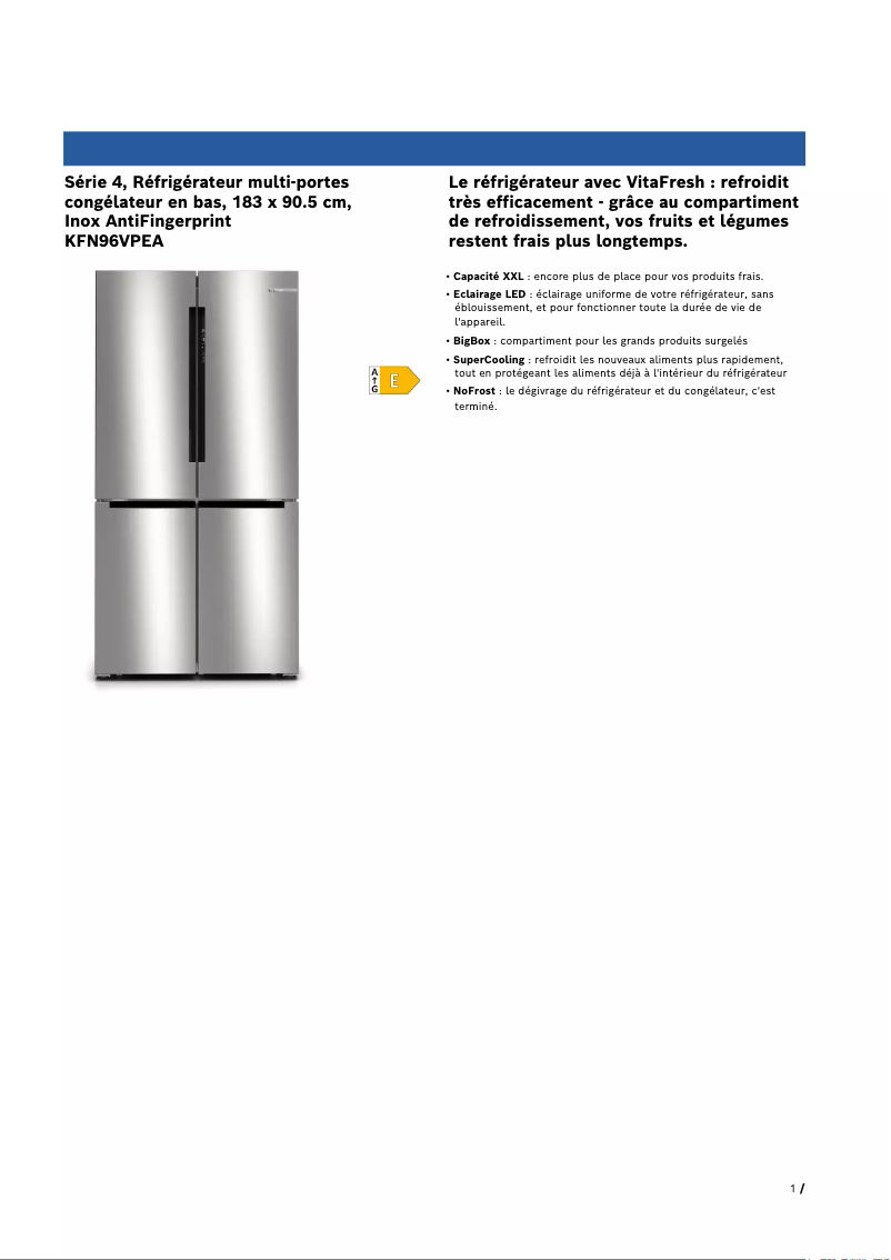 Page 1 de la notice Fiche technique Bosch KFN96VPEA