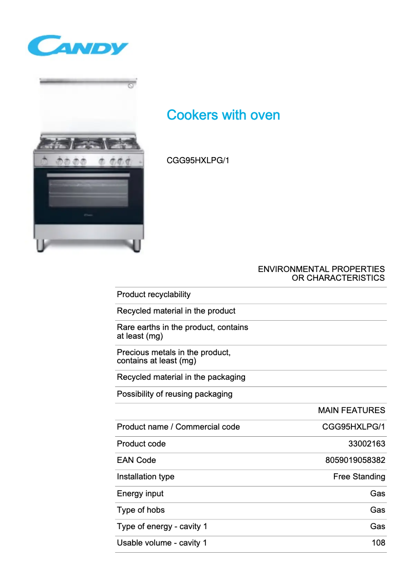 Page 1 de la notice Fiche technique Candy CGG95HXLPG/1
