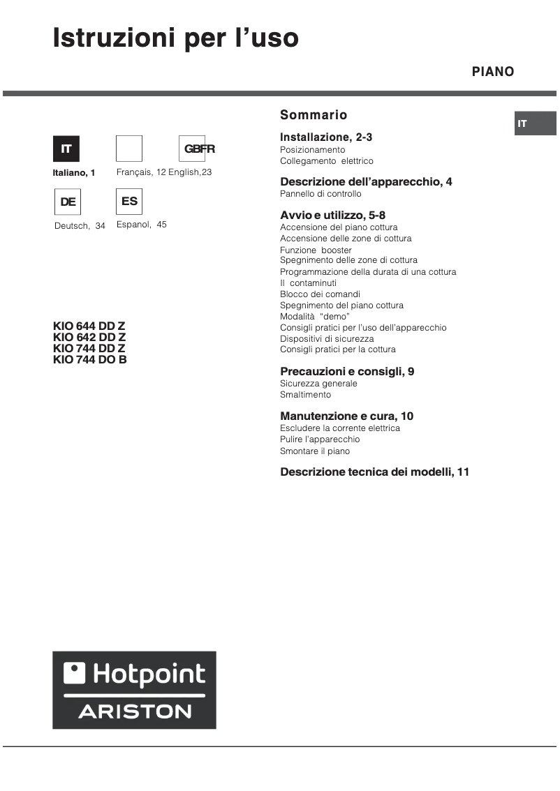 Page 1 de la notice Manuel utilisateur Hotpoint KIO 744 DD Z