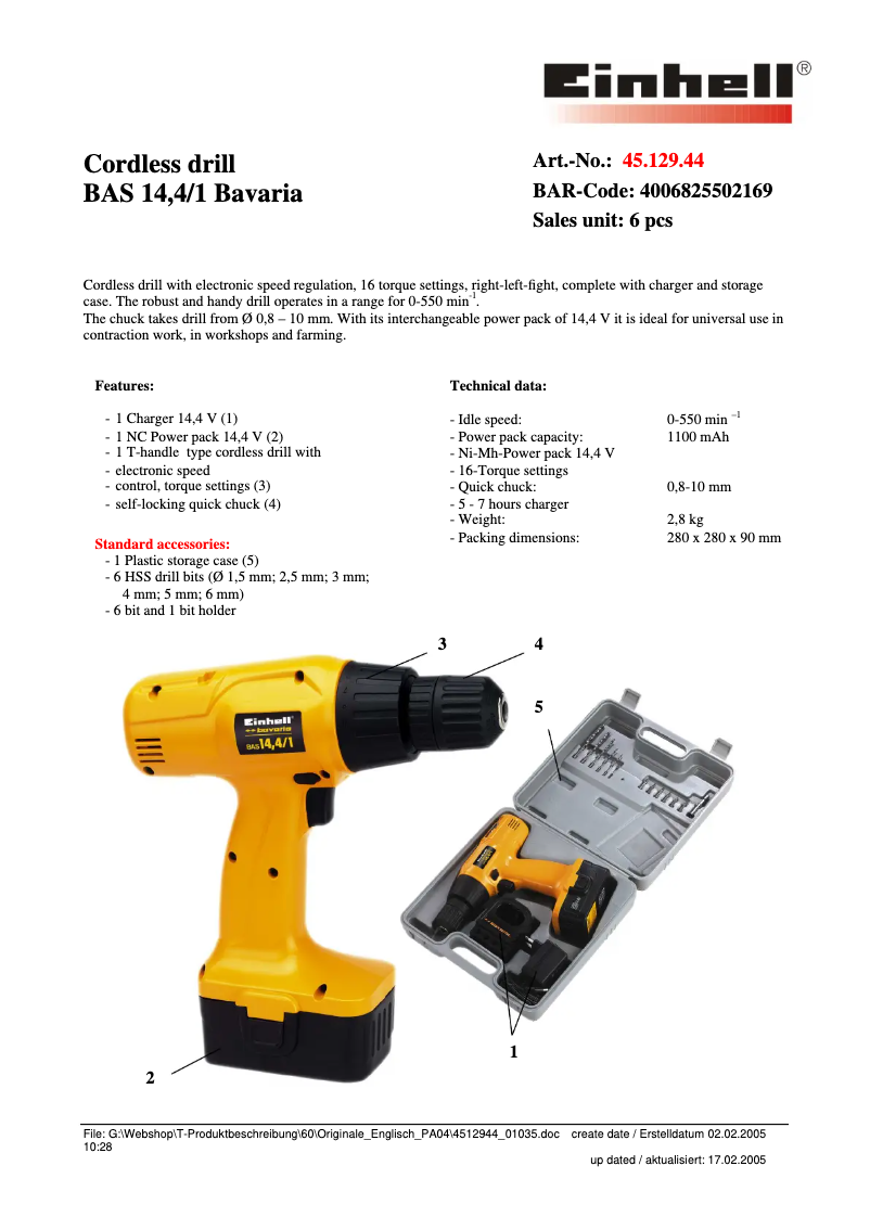 Page 1 de la notice Fiche technique Bavaria by Einhell BAS 14.4/1