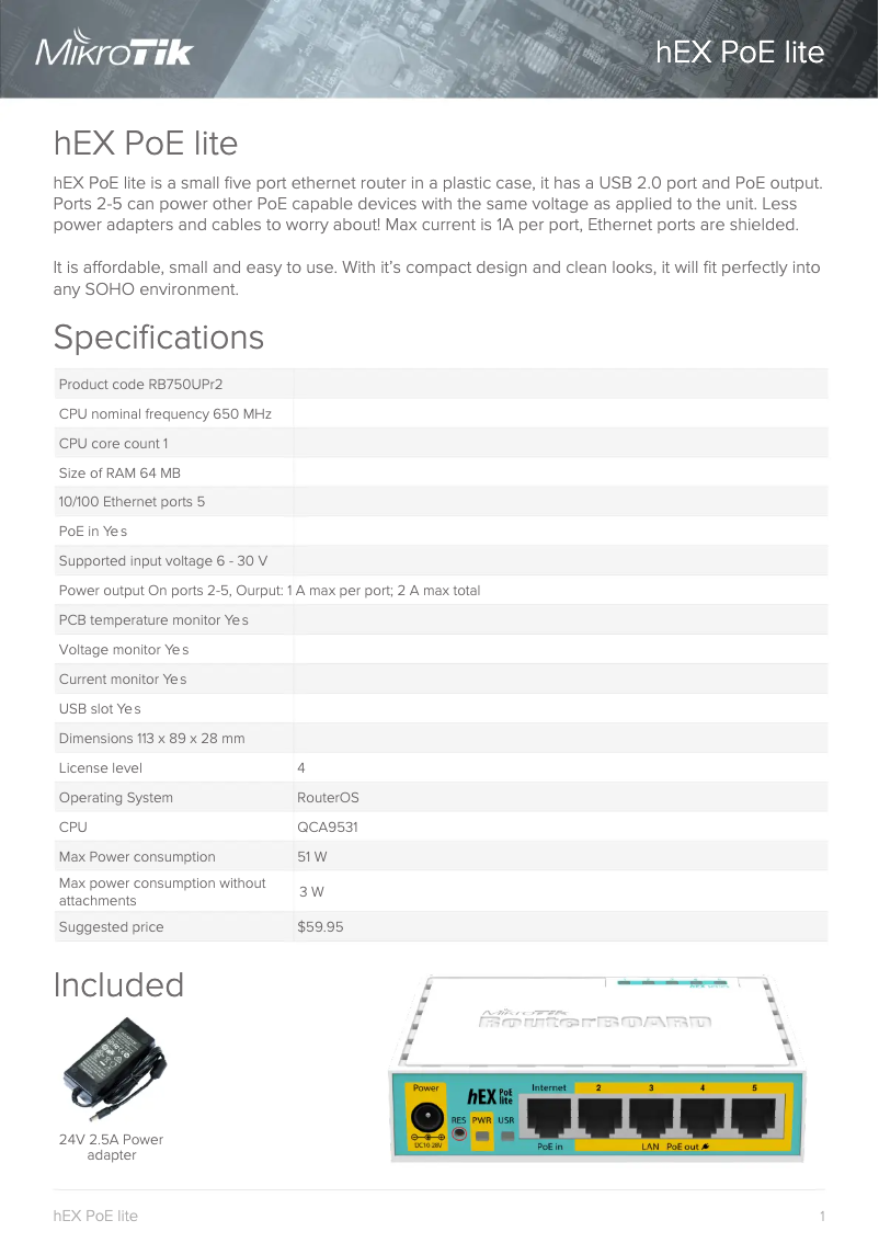 Page 1 de la notice Brochure Mikrotik hEX PoE lite