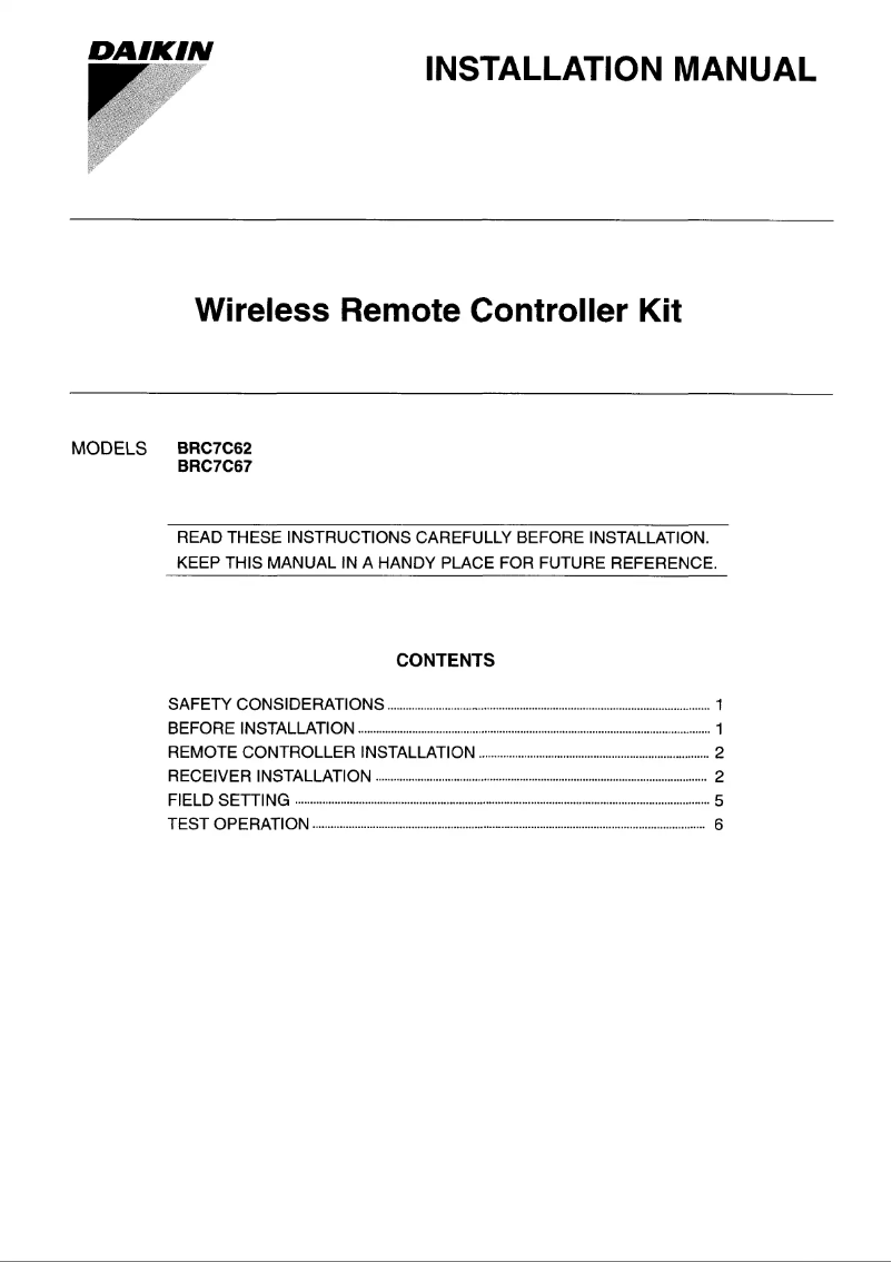 Página 1 del manual Guía de instalación Daikin BRC7C62