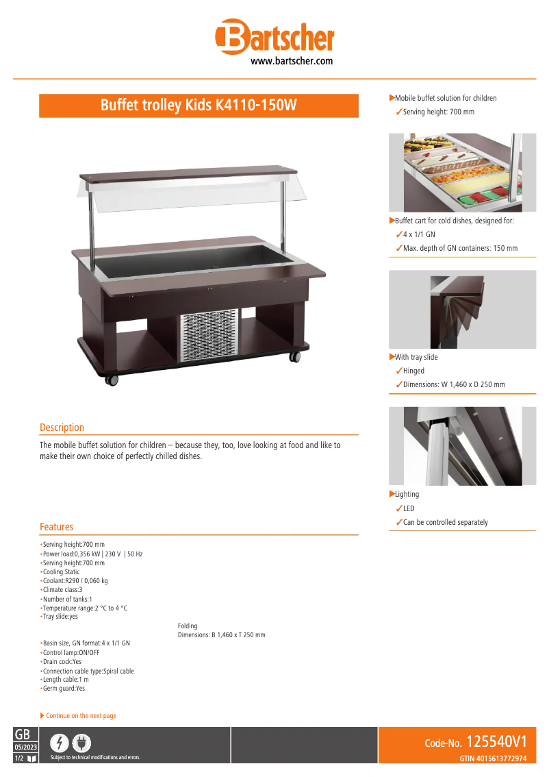 Page 1 de la notice Fiche technique Bartscher K4110-150W