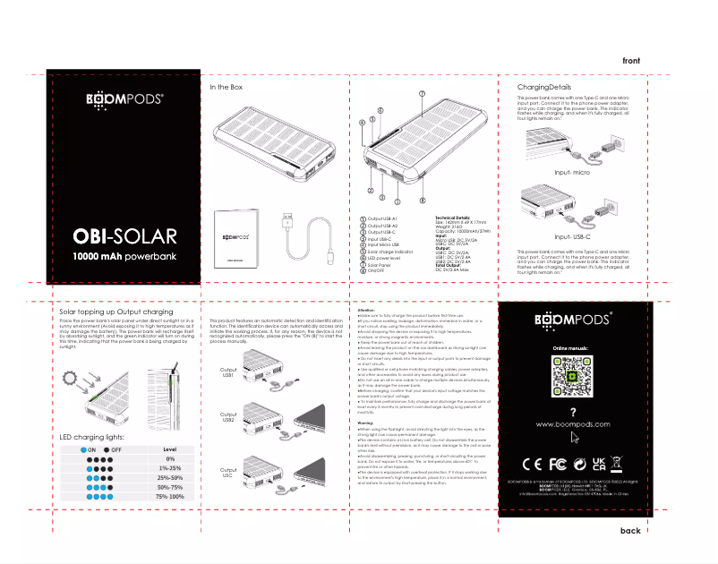 Page 1 de la notice Manuel utilisateur Boompods OBI-SOLAR
