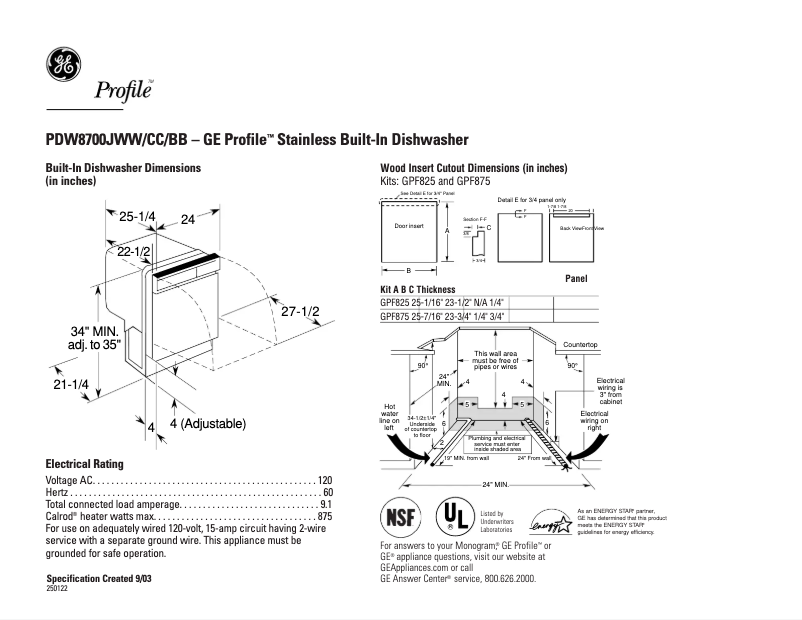 Page 1 de la notice Fiche technique GE Profile PDW8700JWW