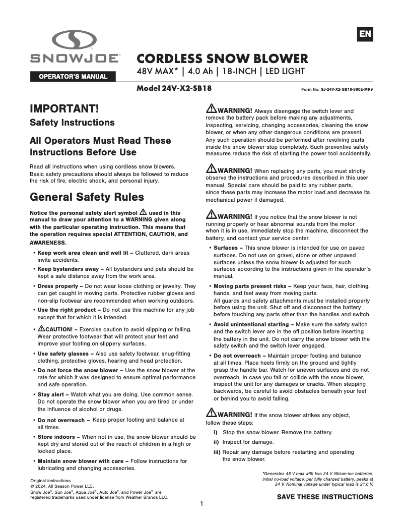 Page 1 de la notice Manuel utilisateur Snow Joe 24V-X2-SB18-CT