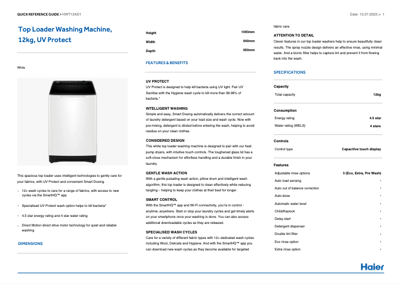 Página 1 del manual Etiqueta energética Haier HWT12AD1