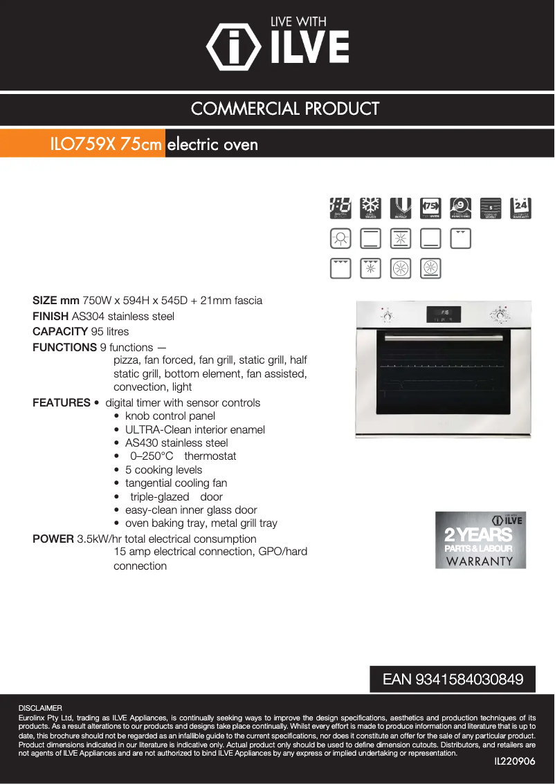 Page 1 de la notice Fiche technique Ilve ILO759X