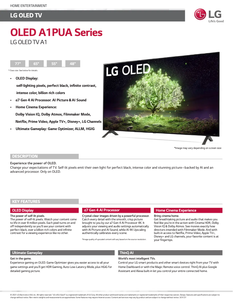 Page 1 de la notice Fiche technique LG OLED77A1PUA