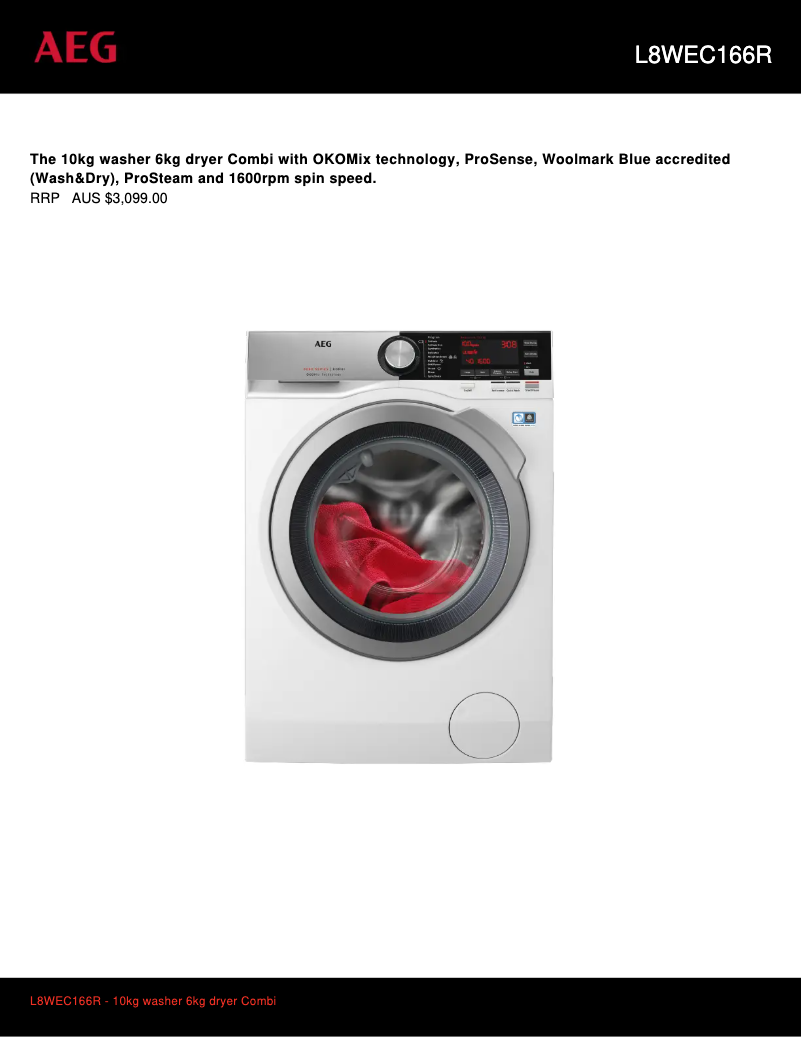 Page 1 de la notice Fiche technique AEG L8WEC166R