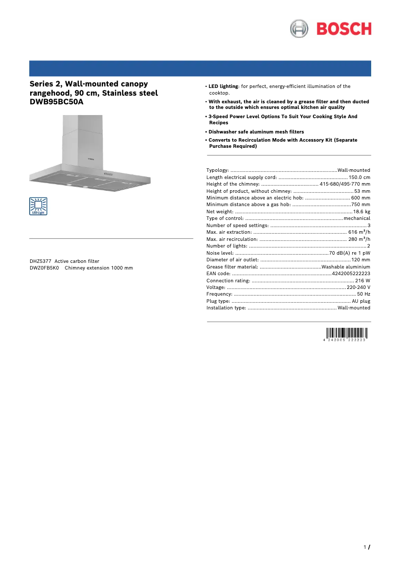 Page 1 de la notice Fiche technique Bosch DWB95BC50A