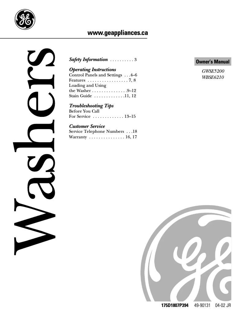 Page 1 de la notice Manuel utilisateur GE WBSE6210BWW