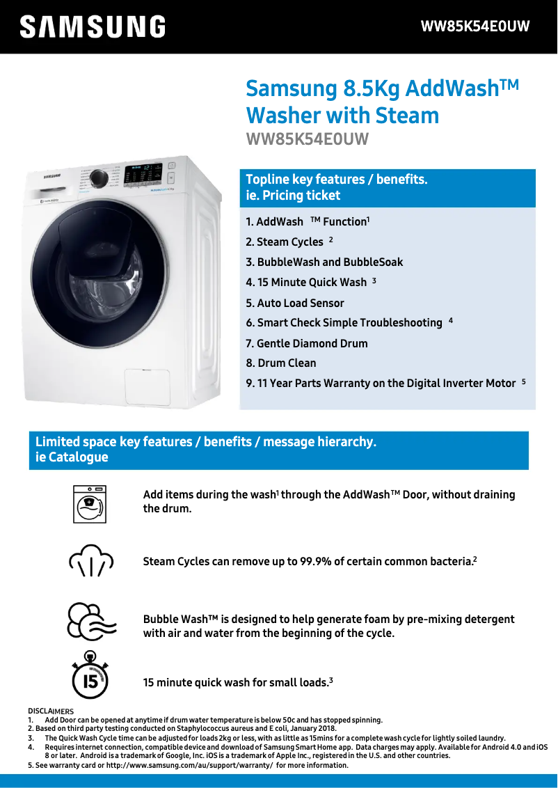 Página 1 del manual Ficha técnica Samsung WW85K54E0UW