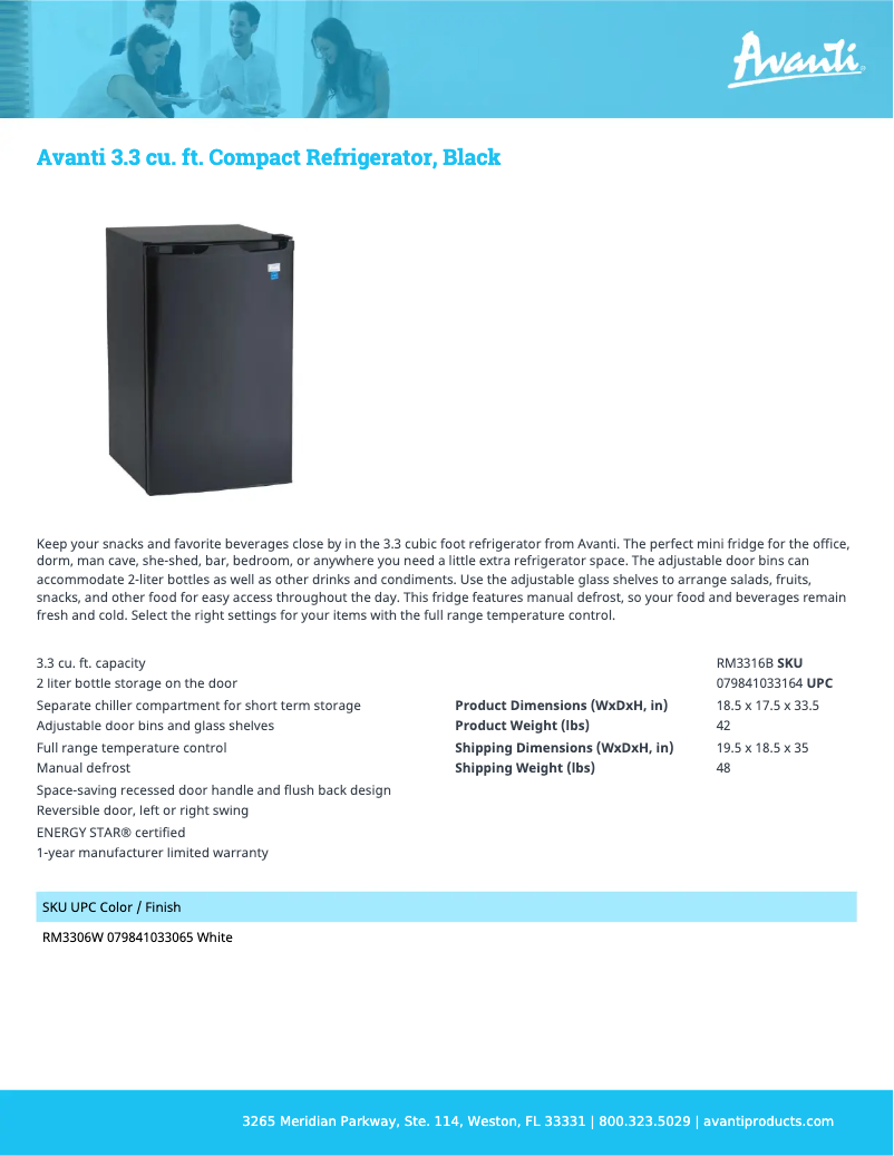 Page 1 de la notice Fiche technique Avanti RM32J0W