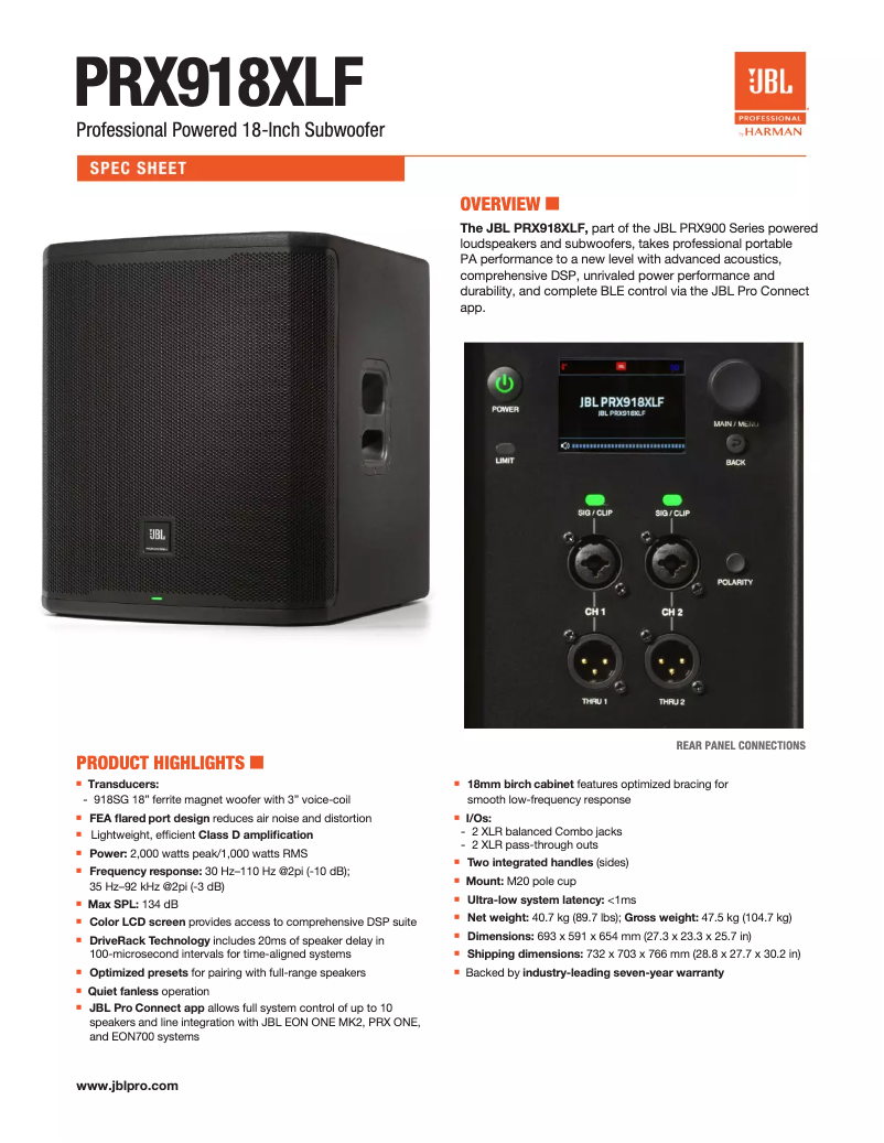 Página 1 del manual Ficha técnica JBL PRX918XLF