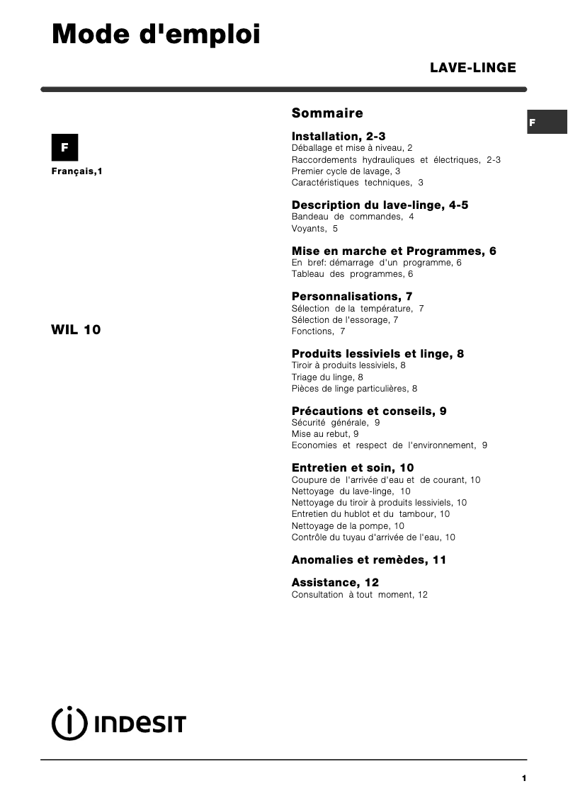 Page n°1 - Manuel utilisateur Indesit WIL 10 (FR)