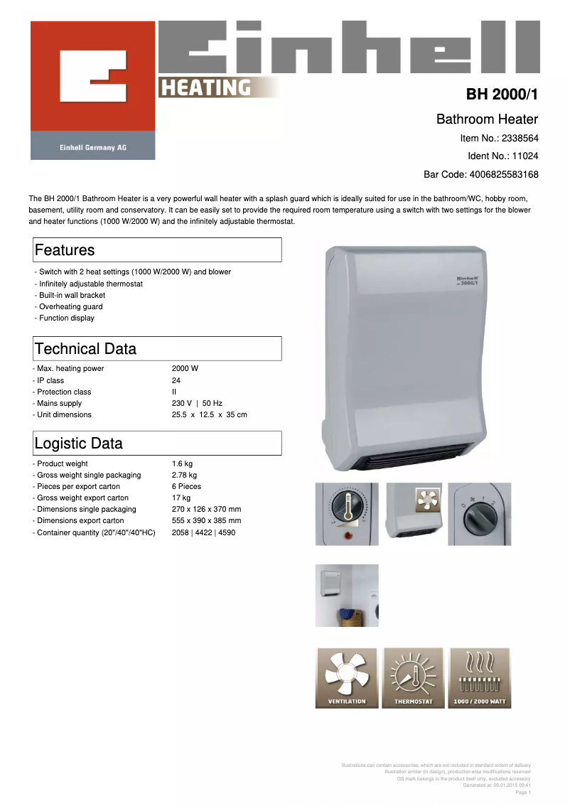 Page 1 de la notice Fiche technique Einhell BH 2000/1