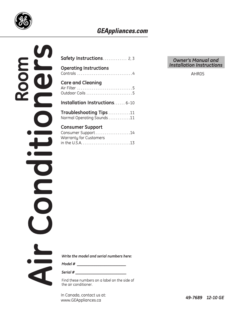 Page n°1 - Guide d'installation GE AHR05LQ