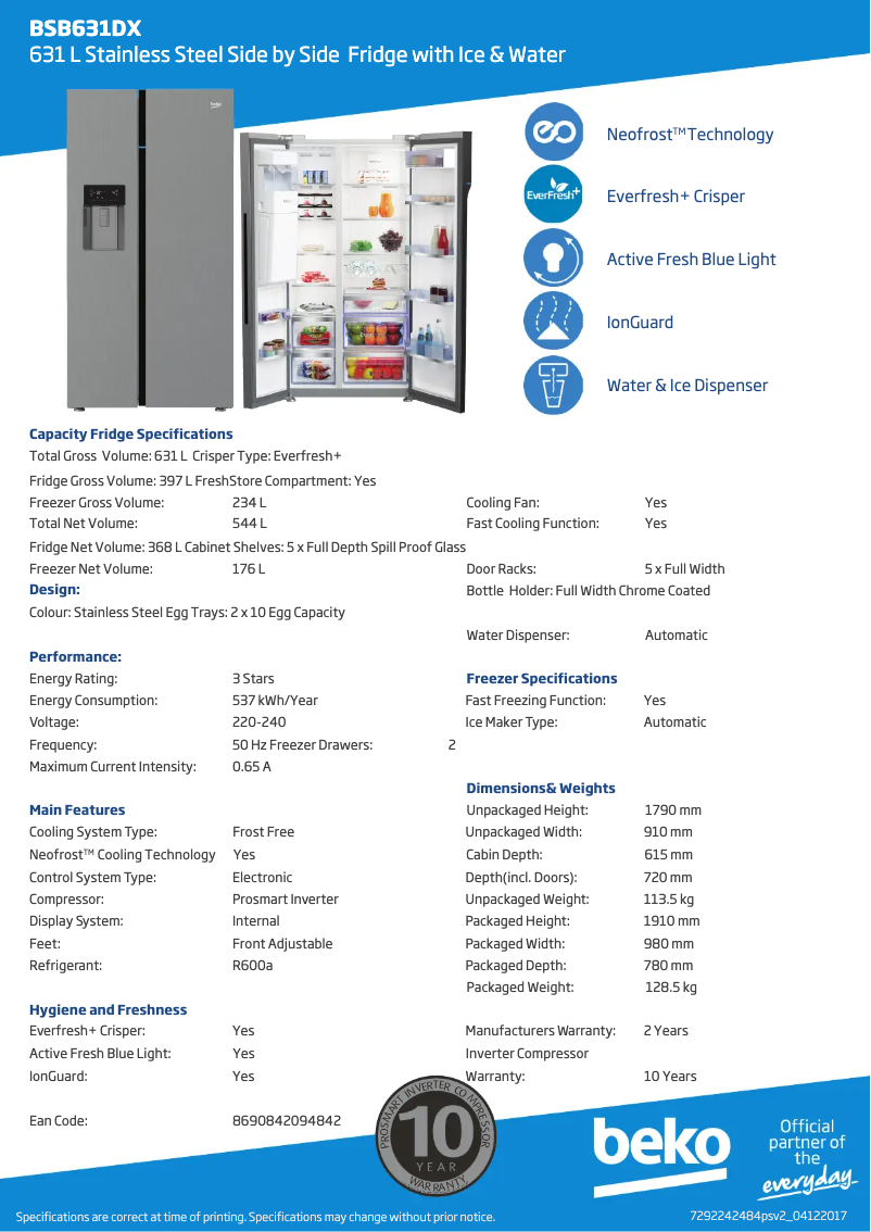 Page 1 de la notice Fiche technique Beko BSB631DX