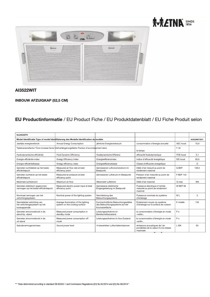 Page 1 de la notice Fiche technique Etna AI3522WIT