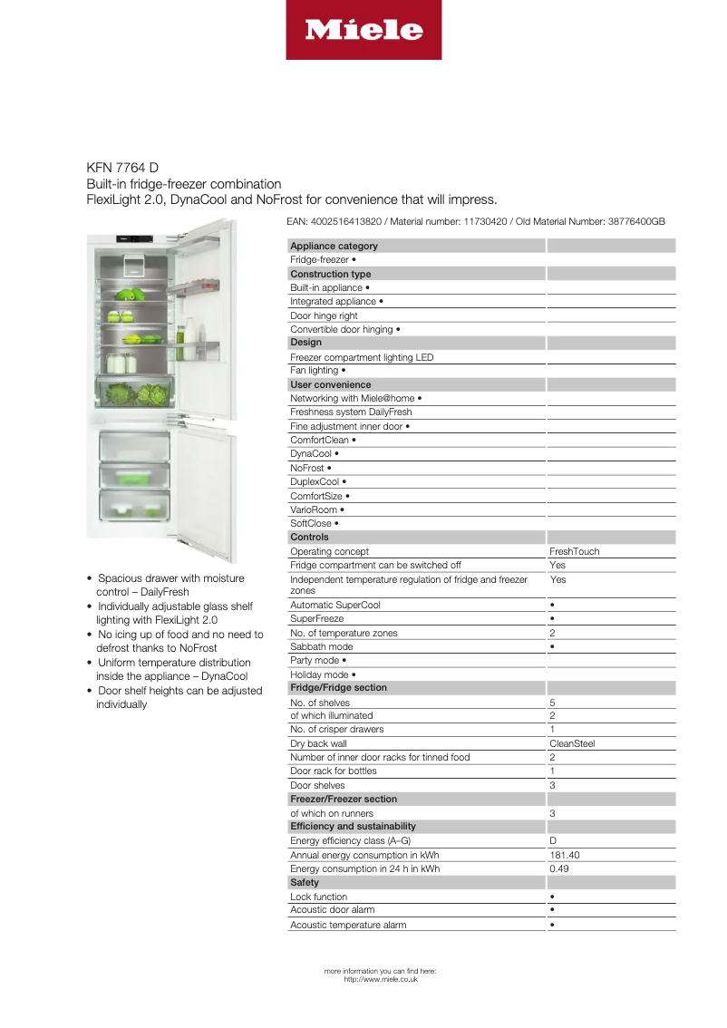 Page 1 de la notice Fiche technique Miele KFN 7764 D