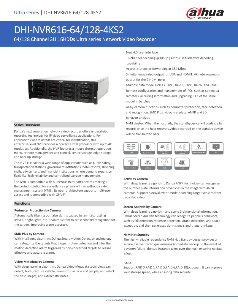 Page 1 de la notice Fiche technique Dahua Technology NVR616-64/128-4KS2